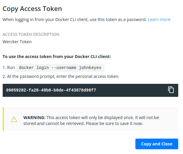 Dialog with the access token displayed, and a button to copy the token to the clipboard and to close the modal.