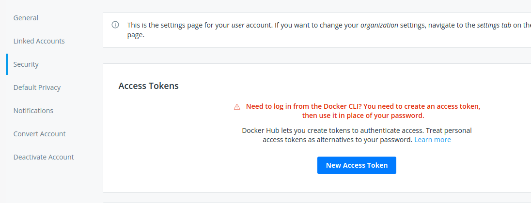 Screenshot of the DockerHub security settings for a user. There is a section for access token to the right, and a button to create a new access token.